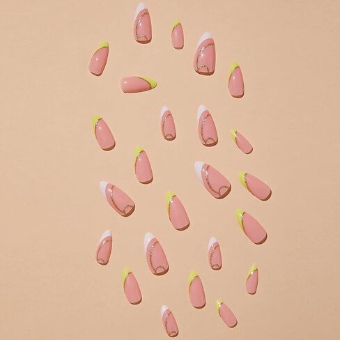 Pink Press on Nails Medium Coffin Square Shape Fake Nails with Designs Silver Glitter Full Cover Acrylic Nails Flower White Leaf Stick on Nails Artificial Nude False Nails for Women Girls 24Pcs in Saudi Arabia