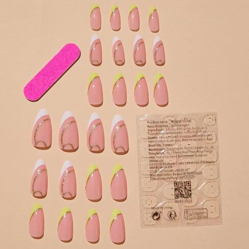 Pink Press on Nails Medium Coffin Square Shape Fake Nails with Designs Silver Glitter Full Cover Acrylic Nails Flower White Leaf Stick on Nails Artificial Nude False Nails for Women Girls 24Pcs in Saudi Arabia