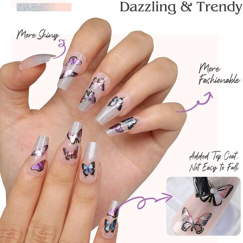 Kikmoya Black Press on Nails Almond Medium Length Stiletto Fake Nails Tips with Butterfly Design 24pcs Acrylic Glossy Artificial False Nails with Gray Rhinestones Stick on Nails for Women (3d Black) in Saudi Arabia