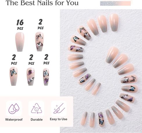 Kikmoya Black Press on Nails Almond Medium Length Stiletto Fake Nails Tips with Butterfly Design 24pcs Acrylic Glossy Artificial False Nails with Gray Rhinestones Stick on Nails for Women (3d Black) in Saudi Arabia