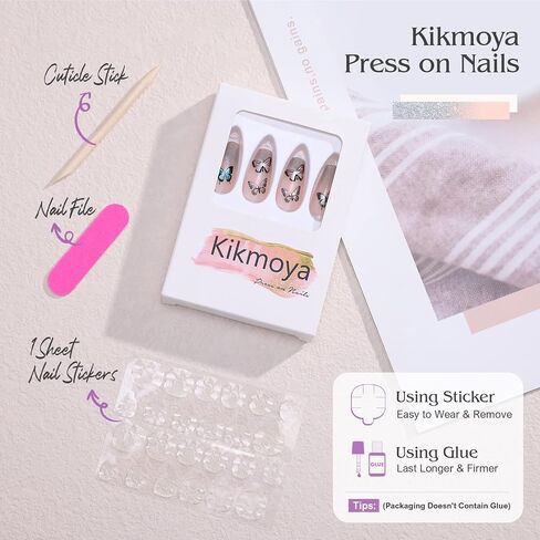 Kikmoya Black Press on Nails Almond Medium Length Stiletto Fake Nails Tips with Butterfly Design 24pcs Acrylic Glossy Artificial False Nails with Gray Rhinestones Stick on Nails for Women (3d Black) in Saudi Arabia