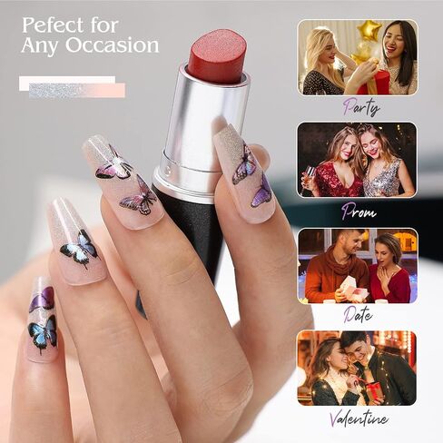 Kikmoya Black Press on Nails Almond Medium Length Stiletto Fake Nails Tips with Butterfly Design 24pcs Acrylic Glossy Artificial False Nails with Gray Rhinestones Stick on Nails for Women (3d Black) in Saudi Arabia