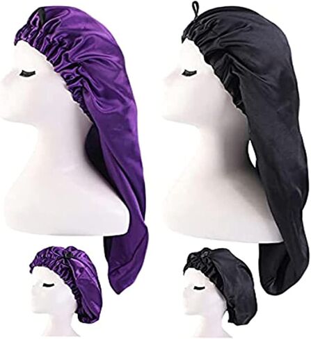 النساء 2 حزمة طويلة الساتان الشعر بونيه الفتيات قبعة حريري للنوم كبيرة الساتان غطاء النوم لحماية الشعر الطويل المجعد in Kuwait