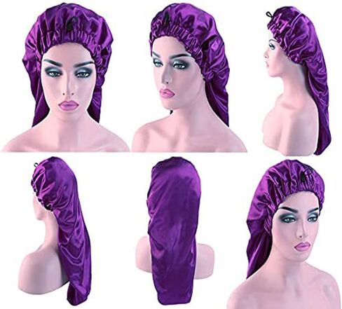 النساء 2 حزمة طويلة الساتان الشعر بونيه الفتيات قبعة حريري للنوم كبيرة الساتان غطاء النوم لحماية الشعر الطويل المجعد in Kuwait