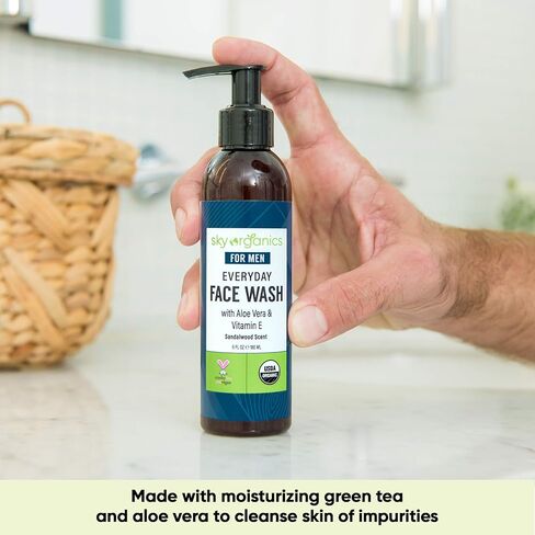 غسول الوجه اليومي للرجال من سكاي أورغانيكس (177 مل) غسول الوجه اليومي العضوي من وزارة الزراعة الأمريكية مع خلاصة الصبار وفيتامين E لجميع أنواع البشرة، لم يتم الإساءة إلى الحيوانات في تصنيعه in Kuwait