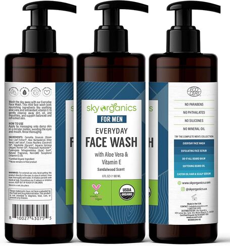 غسول الوجه اليومي للرجال من سكاي أورغانيكس (177 مل) غسول الوجه اليومي العضوي من وزارة الزراعة الأمريكية مع خلاصة الصبار وفيتامين E لجميع أنواع البشرة، لم يتم الإساءة إلى الحيوانات في تصنيعه in Kuwait