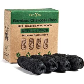 EcoYou Bamboo Charcoal Dental Floss | 4 Refills Pack | Mint & Candelilla Wax | Vegan & Biodegradable
