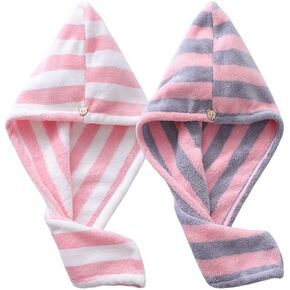 TOPYUEYILIYI 2 Pcs Dry Hair Caps Microfibre Hair Drying Towel Wrap Soft and Anti Frizz Head Turban Towel for Women Girl Wet Long Thick Hair（Pink Gray&White Pink Stripe） in Saudi Arabia