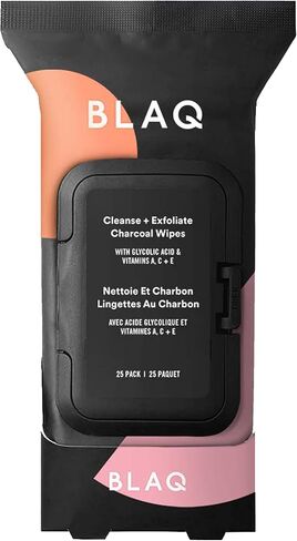 BLAQ Activated Charcoal Face Wipes - Dual Sided Charcoal Facial Cleansing Wipes - Makeup Remover Wipes, Exfoliating AHA Face Wipes, Pore Cleansing Acne Face Wipe - Travel Size Face Wash Cloth - 25 pcs in Saudi Arabia