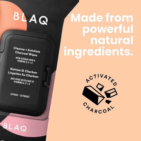 BLAQ Activated Charcoal Face Wipes - Dual Sided Charcoal Facial Cleansing Wipes - Makeup Remover Wipes, Exfoliating AHA Face Wipes, Pore Cleansing Acne Face Wipe - Travel Size Face Wash Cloth - 25 pcs in Saudi Arabia