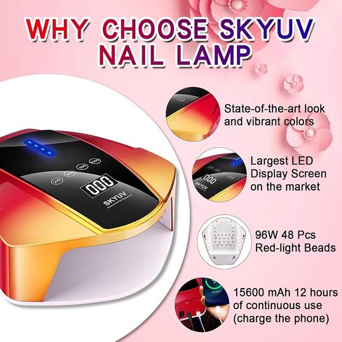 SKYUV Rechargeable UV LED Nail Lamp, 96W Cordless Nail Dryer for Gel Polish with Portable Handle, Professional UV Light for Nails with 48pcs UV/LED Red-Light Beads, Automatic Sensor Gel Nail UV Light in Saudi Arabia