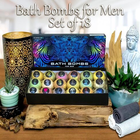 Bath Bombs for Men, Gift Set of 18 Scented Organic Handmade Bath Bombs of 2.5 oz with Natural Essential Oils. Perfect for Boyfriend, Husband, Father or Friend, by ZenseMe in Saudi Arabia