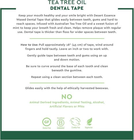 Desert Essence Tea Tree Oil Dental Tape - 30 Yards - Pack of 6 - Naturally Waxed w/Beeswax - Thick Flossing No Shred Tape - On The Go - Removes Food Debris Buildup - Cruelty-Free Antiseptic in Saudi Arabia