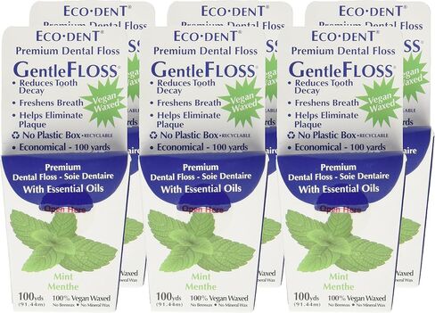 Eco-Dent GentleFloss Dental Floss, Waxed, Mint - Floss with Vegan Plant-Based Wax, Recyclable Cardboard Packaging, 100 Yds Ea (Pack of 6) in Saudi Arabia