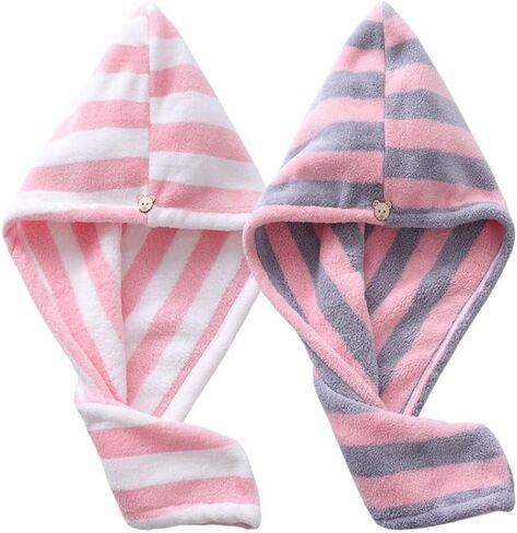 TOPYUEYILIYI 2 Pcs Dry Hair Caps Microfibre Hair Drying Towel Wrap Soft and Anti Frizz Head Turban Towel for Women Girl Wet Long Thick Hair（Pink Gray&White Pink Stripe） in Saudi Arabia