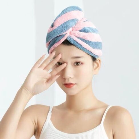 TOPYUEYILIYI 2 Pcs Dry Hair Caps Microfibre Hair Drying Towel Wrap Soft and Anti Frizz Head Turban Towel for Women Girl Wet Long Thick Hair（Pink Gray&White Pink Stripe） in Saudi Arabia