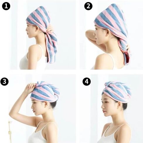 TOPYUEYILIYI 2 Pcs Dry Hair Caps Microfibre Hair Drying Towel Wrap Soft and Anti Frizz Head Turban Towel for Women Girl Wet Long Thick Hair（Pink Gray&White Pink Stripe） in Saudi Arabia