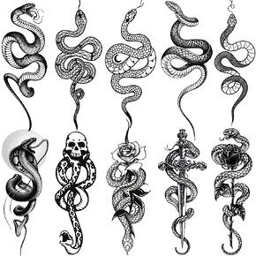 Goromon 10 Sheets Realistic Snake Temporary Tattoos For Women Men Forearm Arm Sexy 3D Tribal Cobra Mamba Viper Serpent Tattoos Temporary Adults Kids Fake Tattoos Sticker Black Sword Rose Flower Tatoos