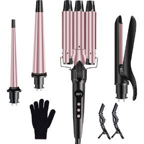 4 in 1 Curling Iron Wand Set, 1inch Curling Iron 3 Barrel Hair Waver with 2 Ceramic Tourmaline Barrels 0.35-1.2inch and Hair Straightener, LCD Temp Control Instant Heat Up, Include Glove & 2 Hair Clip in Saudi Arabia