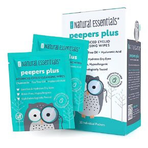 Peepers Plus Advanced Eyelid Wipes by Natural Essentials, Eyelash & Eye Wipes for Daily Use, Hydrating & Moisturizing Hyaluronic Acid & Tea Tree Oil Soothes Allergy Red & Dry Eyes, 30 Count