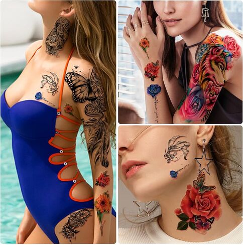 Yazhiji 49 sheets Large Flowers Skull Waterproof Temporary Tattoos for Women and Girls, Realistic Tiger Wolf Bird Temporary Fake Tattoo for Kids or Adults in Saudi Arabia