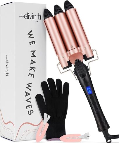 أداة تمويج الشعر للنساء لأمواج الشاطئ - مكواة تمويج الشعر على الشاطئ - أسطوانات سيراميك للشعر، تمويج الشعر 3 أسطوانات - مكواة تجعيد 1 بوصة، حرارة قابلة للتعديل، أداة تمويج الشعر ذاتي الإغلاق DiviniTi in Kuwait