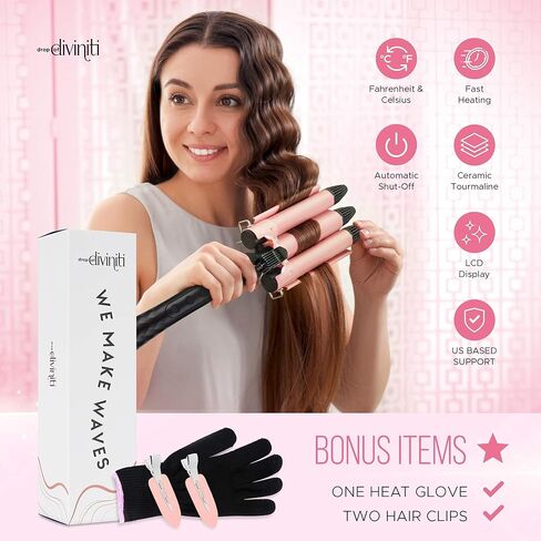 أداة تمويج الشعر للنساء لأمواج الشاطئ - مكواة تمويج الشعر على الشاطئ - أسطوانات سيراميك للشعر، تمويج الشعر 3 أسطوانات - مكواة تجعيد 1 بوصة، حرارة قابلة للتعديل، أداة تمويج الشعر ذاتي الإغلاق DiviniTi in Kuwait