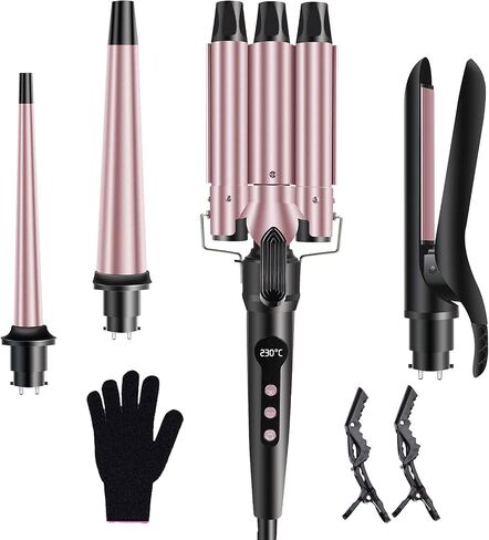 4 in 1 Curling Iron Wand Set, 1inch Curling Iron 3 Barrel Hair Waver with 2 Ceramic Tourmaline Barrels 0.35-1.2inch and Hair Straightener, LCD Temp Control Instant Heat Up, Include Glove & 2 Hair Clip in Saudi Arabia