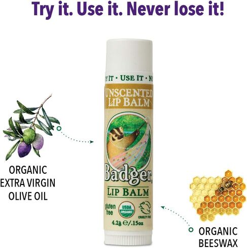 Badger - Unscented Classic Lip Balm, Made with Organic Olive Oil, Beeswax & Rosemary, Natural Lip Balm, Certified Organic, Moisturizing Lip Balm, 0.15 oz (2 pack) in Kuwait