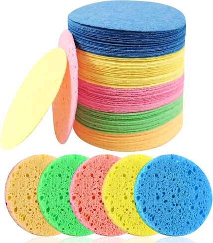 YESEEM 100pcs Compressed Facial Sponges, 100% Natural Cellulose Facial Cleansing Sponges Pads Exfoliating Sponges for Cleansing and Gentle Exfoliating Facial Supplies - 5-Colored in Saudi Arabia
