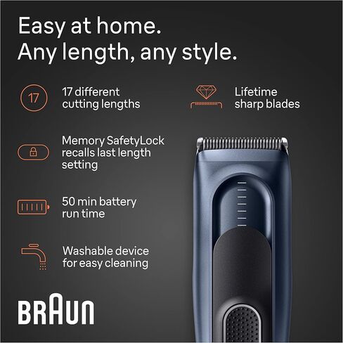 Braun Hair Clippers Series 5 5310، ماكينة قص الشعر للرجال، مشبك شعر من المنزل مع 9 إعدادات للطول، متضمنة. قفل أمان الذاكرة، إعداد الاستدعاء، شفرات حادة للغاية، مشطين، in Saudi Arabia