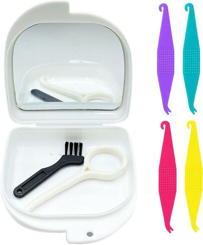 Oral Care Disassembly Kit/7pcs Including 1 Retainer Case with Mirror and Vent Holes | 1 Aligner Remover Tool | 4 Elastic Rubber Bands Placers | 1 Cleaning Brush (Black) in Saudi Arabia