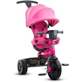 Joovy Tricycoo 4.1 Kids Tricycle with 4-Stages Featuring Extra-Wide Front Tire, Removable and Adjustable Parent Handle, Safety Harness, Machine-Washable Seat Pad, and Retractable Canopy (Black)