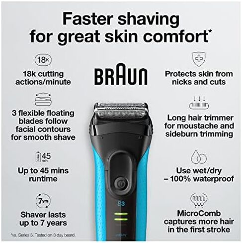 Braun Electric Series 3 Razor with Precision Trimmer, Rechargeable, Wet & Dry Foil Shaver for Men, Blue/Black, 4 Piece in Saudi Arabia