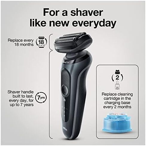Braun for Sensitive Skin Electric Razor for Men, Waterproof, Rechargeable, Clean & Charge Station with Travel Case, Black with Clean & Renew Refill Cartridges, 6 Count, Pack of 1 in Kuwait