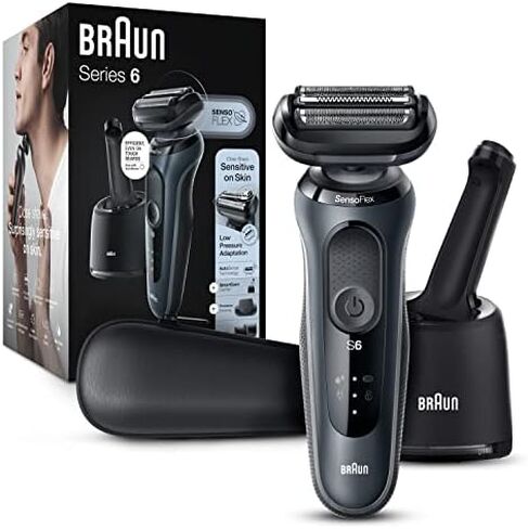 Braun for Sensitive Skin Electric Razor for Men, Waterproof, Rechargeable, Clean & Charge Station with Travel Case, Black with Clean & Renew Refill Cartridges, 6 Count, Pack of 1 in Kuwait