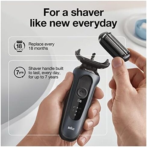 Braun for Sensitive Skin Electric Razor for Men, Waterproof, Rechargeable, Clean & Charge Station with Travel Case, Black with Clean & Renew Refill Cartridges, 6 Count, Pack of 1 in Kuwait