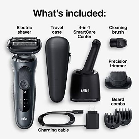 Braun for Sensitive Skin Electric Razor for Men, Waterproof, Rechargeable, Clean & Charge Station with Travel Case, Black with Clean & Renew Refill Cartridges, 6 Count, Pack of 1 in Kuwait