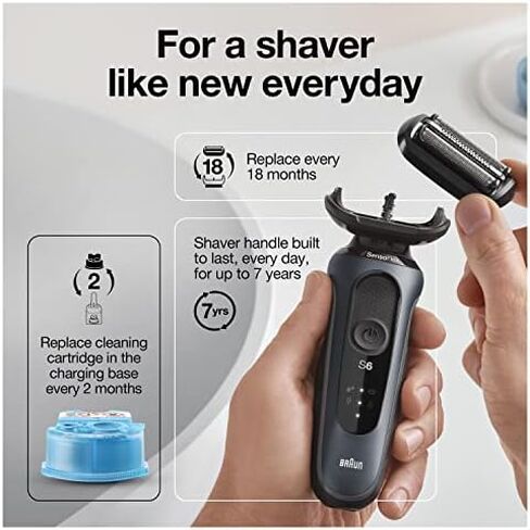Braun for Sensitive Skin Electric Razor for Men, Waterproof, Rechargeable, Clean & Charge Station with Travel Case, Black with Clean & Renew Refill Cartridges, 6 Count, Pack of 1 in Kuwait