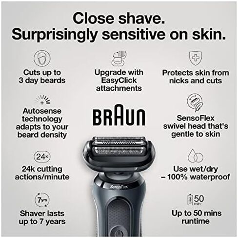 Braun for Sensitive Skin Electric Razor for Men, Waterproof, Rechargeable, Clean & Charge Station with Travel Case, Black with Clean & Renew Refill Cartridges, 6 Count, Pack of 1 in Kuwait