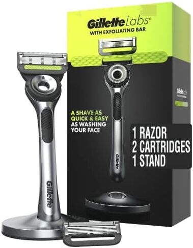 Gillette Mens Razor with Exfoliating Bar by GilletteLabs, Shaving Kit for Men, Includes 1 Handle, 2 Razor Blade Refills, 1 Premium Magnetic Stand, Black and Gold, Razor for men in Saudi Arabia
