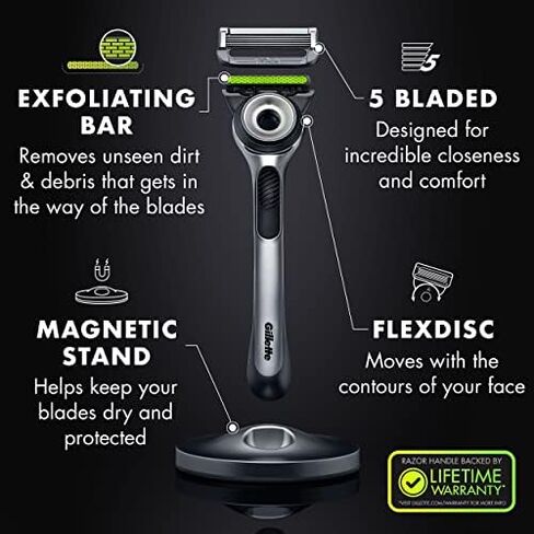 Gillette Mens Razor with Exfoliating Bar by GilletteLabs, Shaving Kit for Men, Includes 1 Handle, 2 Razor Blade Refills, 1 Premium Magnetic Stand, Black and Gold, Razor for men in Saudi Arabia