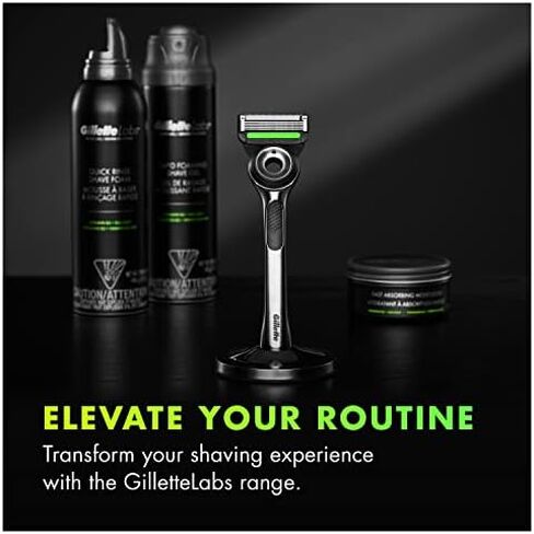 Gillette Mens Razor with Exfoliating Bar by GilletteLabs, Shaving Kit for Men, Includes 1 Handle, 2 Razor Blade Refills, 1 Premium Magnetic Stand, Black and Gold, Razor for men in Saudi Arabia