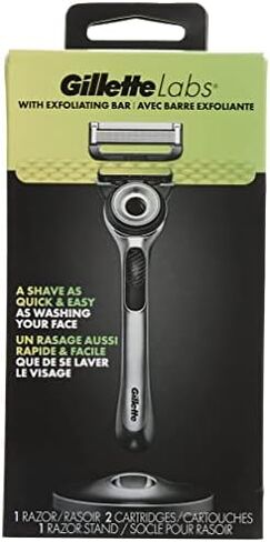 Gillette Mens Razor with Exfoliating Bar by GilletteLabs, Shaving Kit for Men, Includes 1 Handle, 2 Razor Blade Refills, 1 Premium Magnetic Stand, Black and Gold, Razor for men in Saudi Arabia
