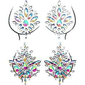 Body Gems Stickers, Chest Gems and Breast Pasties Jewelry Makeup Set, Body Jewels for Festival Rave Party, 2-Pack