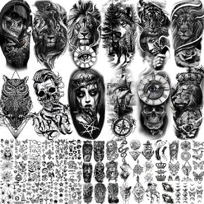 EGMBGM 59 Sheets 3D Black Skull Halloween Temporary Tattoos For Men Women Kids, Long Lasting Temp Fake Tattoos For Adults, Large Realistic Owl Wolf Lion Tiger Devil Tattoo Stickers Kids Body Art Arm in Kuwait