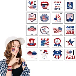 Patriotic Tattoo Stickers 4th of July Fake Temporary Tattoos Independence Day Party Supplies USA Flag Red White and Blue Makeup 20 Sheets