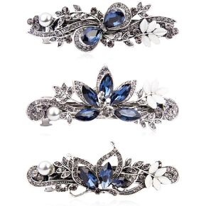Barrettes for Women 3 Pack Vintage Shining Rhinestone Hair Barrettes Metal Flower Butterfly French Clip Faux Crystal Hair clip Spring Hair Barrette,Black and Navy (Pattern-A(3PCS))