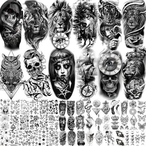 EGMBGM 59 Sheets 3D Black Skull Halloween Temporary Tattoos For Men Women Kids, Long Lasting Temp Fake Tattoos For Adults, Large Realistic Owl Wolf Lion Tiger Devil Tattoo Stickers Kids Body Art Arm in Kuwait