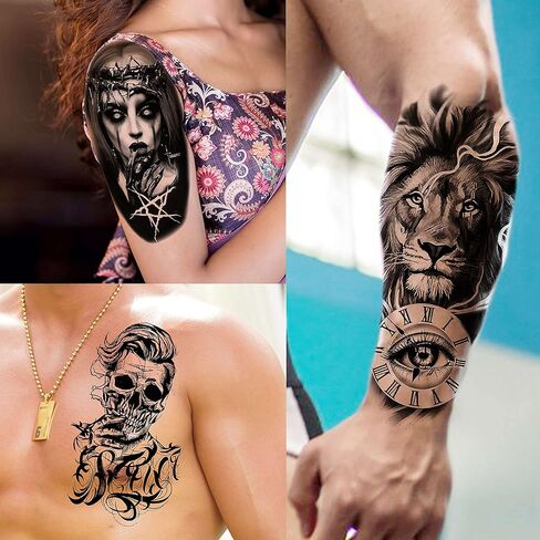 EGMBGM 59 Sheets 3D Black Skull Halloween Temporary Tattoos For Men Women Kids, Long Lasting Temp Fake Tattoos For Adults, Large Realistic Owl Wolf Lion Tiger Devil Tattoo Stickers Kids Body Art Arm in Kuwait